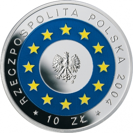Awers monety10 zł Wstąpienie Polski do Unii Europejskiej