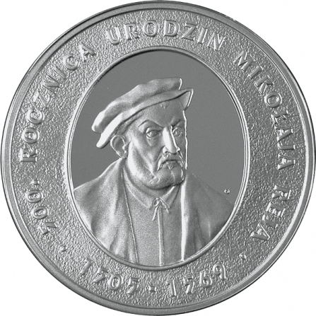 Rewers monety 10 zł Mikołaj Rej (1505-1569), 500. rocznica urodzin