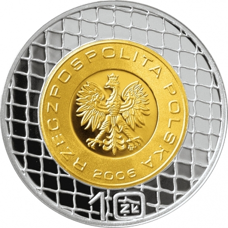 Awers monety10 zł Mistrzostwa Świata w Piłce Nożnej, Niemcy 2006 (platerowana)