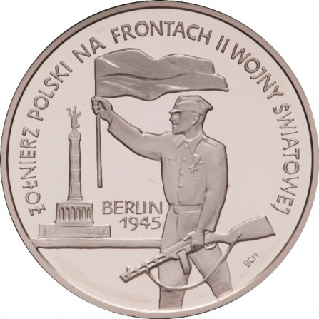 Rewers monety 10 zł Żołnierz Polski na Frontach II Wojny Światowej, Berlin 1945
