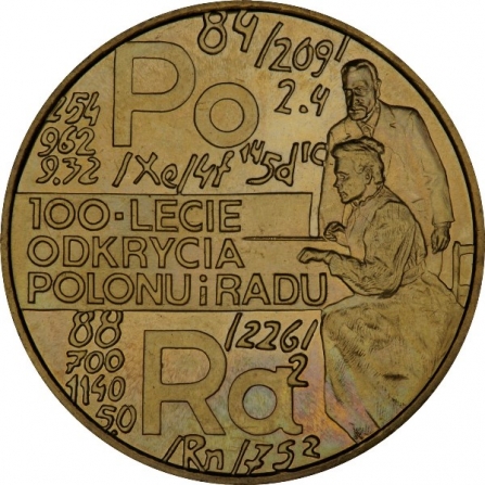 Rewers monety 2 zł 100-lecie odkrycia polonu i radu