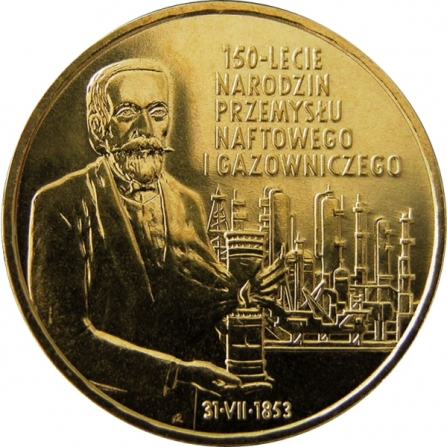 Rewers monety 2 zł 150-lecie narodzin przemysłu naftowego i gazowniczego