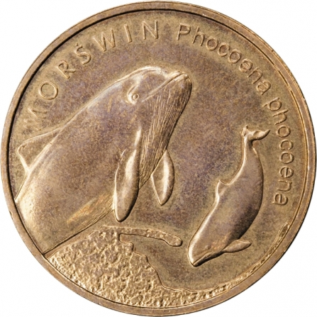 Rewers monety 2 zł Morświn (łac. Phocoena phocoena)