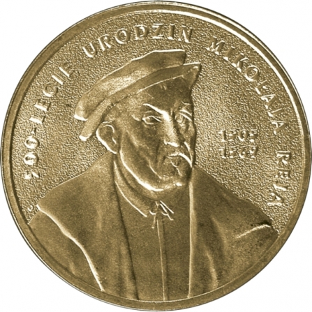 Rewers monety 2 zł Mikołaj Rej (1505-1569), 500. rocznica urodzin