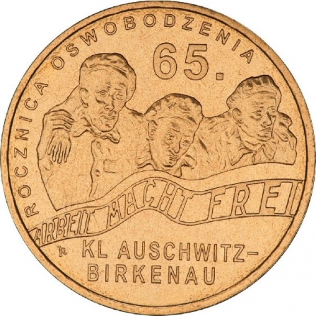 Rewers monety 2 zł 65. rocznica oswobodzenia KL Auschwitz-Birkenau