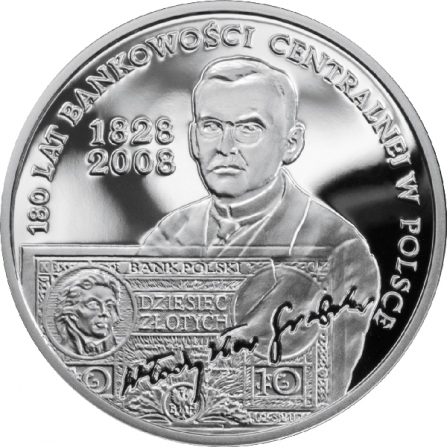 Rewers monety 10 zł 180 lat bankowości centralnej w Polsce