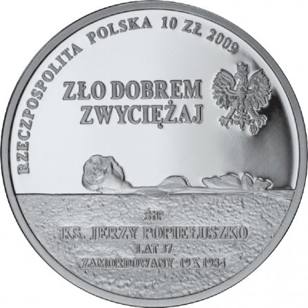 Awers monety10 zł 25. rocznica śmierci Księdza Jerzego Popiełuszki