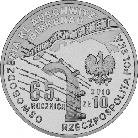 Awers monety10 zł 65. rocznica oswobodzenia KL Auschwitz-Birkenau