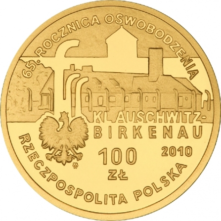 Awers monety100 zł 65. rocznica oswobodzenia KL Auschwitz-Birkenau