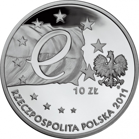 Awers monety10 zł Przewodnictwo Polski w Radzie Unii Europejskiej