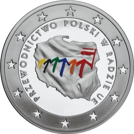 Rewers monety 10 zł Przewodnictwo Polski w Radzie Unii Europejskiej