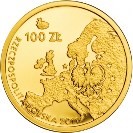 Awers monety100 zł Przewodnictwo Polski w Radzie Unii Europejskiej
