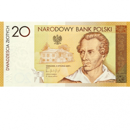 Przednia strona banknotu 20 zł 200. rocznica urodzin Juliusza Słowackiego