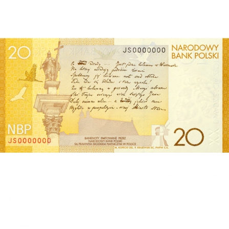 Odwrotna strona banknotu 20 zł 200. rocznica urodzin Juliusza Słowackiego