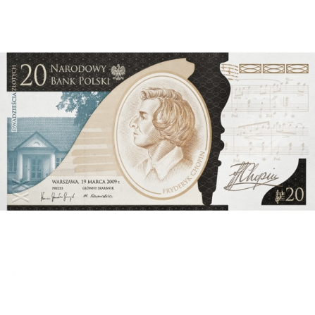 Przednia strona banknotu 20 zł 200. rocznica urodzin Fryderyka Chopina
