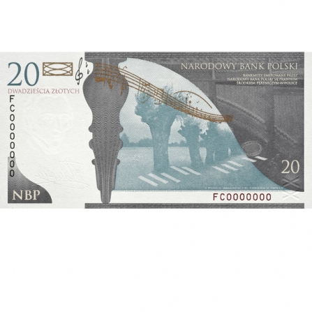 Odwrotna strona banknotu 20 zł 200. rocznica urodzin Fryderyka Chopina