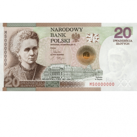 Przednia strona banknotu 20 zł 100. rocznica przyznania Nagrody Nobla Marii Skłodowskiej-Curie w dziedzinie chemii
