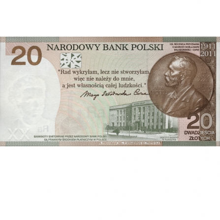 Odwrotna strona banknotu 20 zł 100. rocznica przyznania Nagrody Nobla Marii Skłodowskiej-Curie w dziedzinie chemii