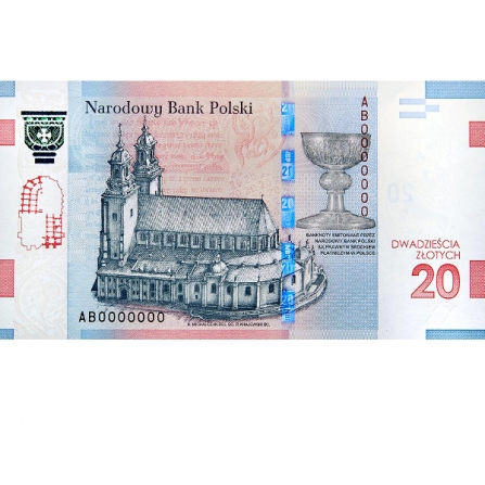 Odwrotna strona banknotu 20 zł 1050. rocznica Chrztu Polski