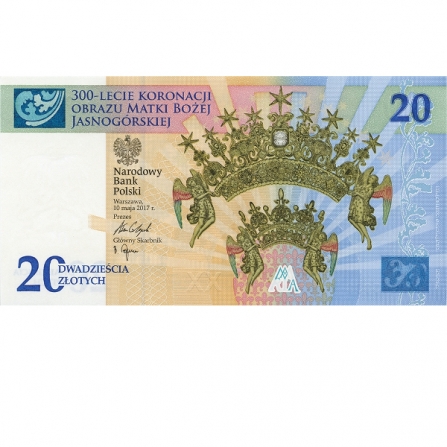 Przednia strona banknotu 20 zł 300-lecie koronacji Obrazu Matki Bożej Jasnogórskiej