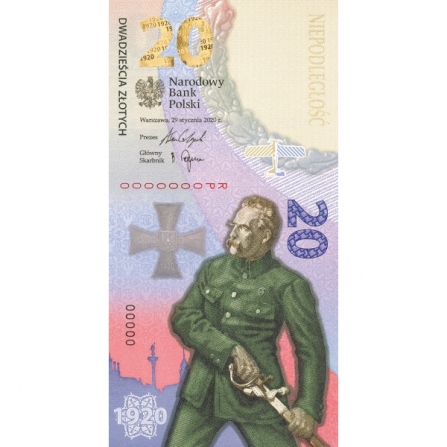 Przednia strona banknotu 20 zł Bitwa Warszawska 1920