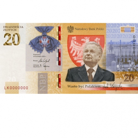 Przednia strona banknotu 20 zł Lech Kaczyński. Warto być Polakiem