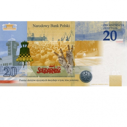 Odwrotna strona banknotu 20 zł Lech Kaczyński. Warto być Polakiem