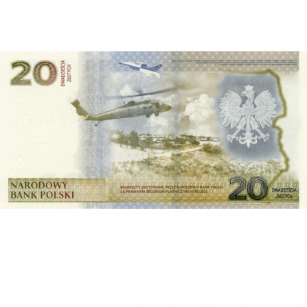 Odwrotna strona banknotu 20 zł Ochrona polskiej granicy wschodniej