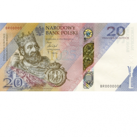 Odwrotna strona banknotu 20 zł Tysiąclecie koronacji Bolesława Chrobrego