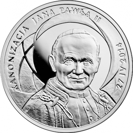 Rewers monety 10 zł Kanonizacja Jana Pawła II – 27 IV 2014