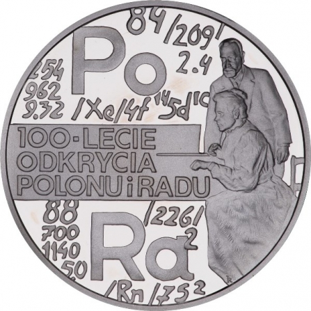 Rewers monety 20 zł 100-lecie odkrycia polonu i radu