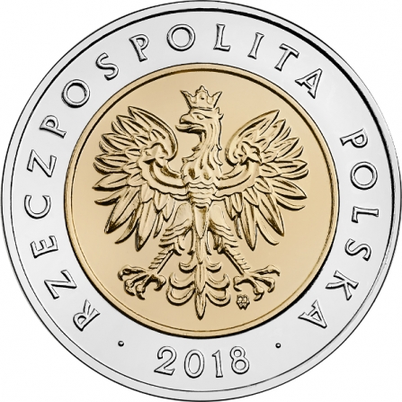 Awers monety5 zł 100-lecie odzyskania przez Polskę niepodległości