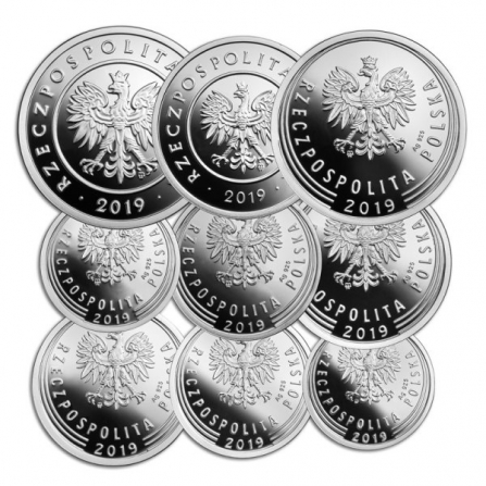 Awers monety1 zł 100 lat złotego (zestaw 9 srebrnych monet)