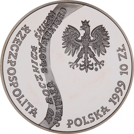 Awers monety10 zł Juliusz Słowacki (1809-1849), 150. rocznica śmierci