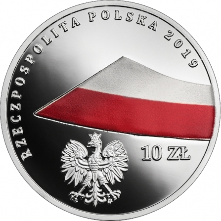 Awers monety10 zł 100-lecie polskiej flagi państwowej