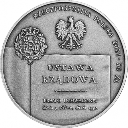 Awers monety50 zł 230. rocznica Konstytucji 3 Maja – dzieła odrodzonej Rzeczypospolitej