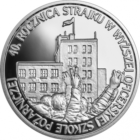 Rewers monety 10 zł 40. rocznica strajku w Wyższej Oficerskiej Szkole Pożarniczej