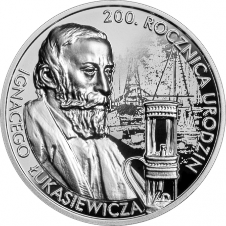 Rewers monety 10 zł 200. rocznica urodzin Ignacego Łukasiewicza