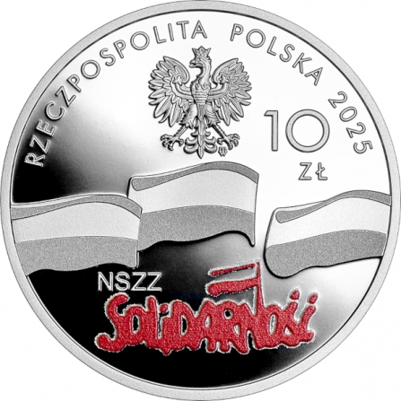 Awers monety10 zł 45. rocznica powstania NSZZ „Solidarność”