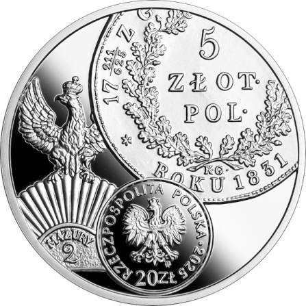 Awers monety20 zł 5 złotych z okresu powstania listopadowego
